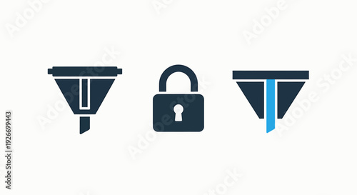 Modern Blue Funnel and Padlock Icons for Data Filtering, Security, Privacy, and Secure Access Management Concepts