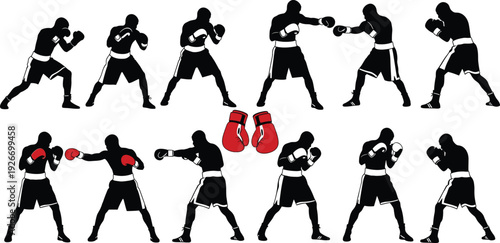 Large black silhouette collection of professional male boxing athletes in various fighting stances and punching poses flavector on white background