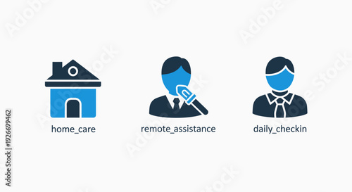 Caring Blue Icons for Home Care Services, Remote Assistance, and Daily Check-in Support for Elderly or Remote Patients