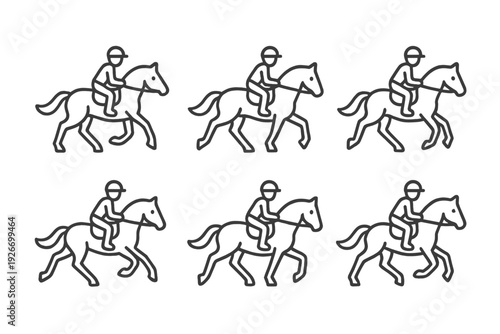 Minimalist black and white icons of a person riding a horse in motion