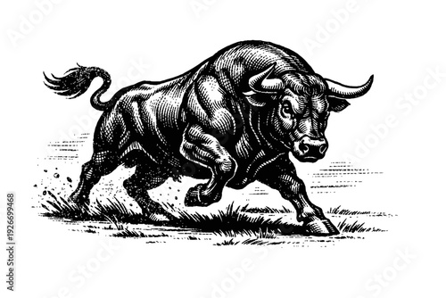 Dynamic black and white engraving of a powerful, muscular bull charging. This vintage illustration exudes raw strength, fierce determination, and untamed energy, symbolizing resilience, courage and ma