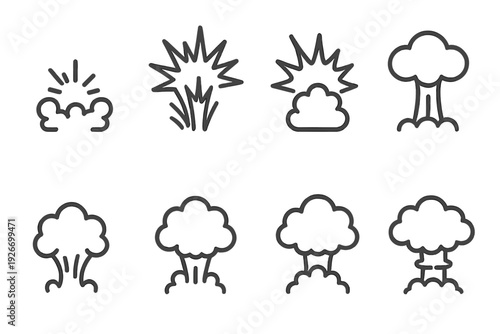 Outline icons showing stages of explosion, blast effects, and atomic mushroom clouds