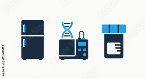 Blue Scientific and Medical Icons Featuring a Refrigerator, DNA Analyzer Machine, and Specimen Container for Lab Research