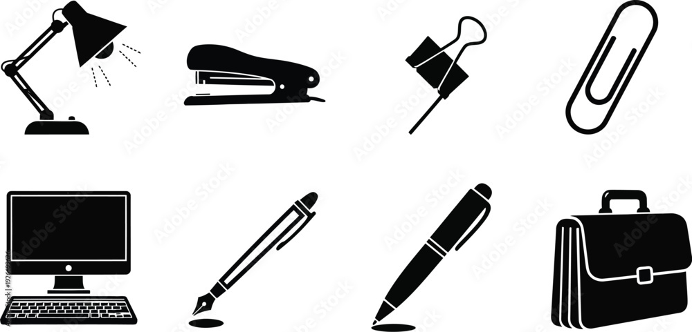 Obraz premium Collection of eight modern fashion and apparel icons, black vector silhouettes of evening dress, business suit, hoodie, trench coat, and accessories isolated on white.