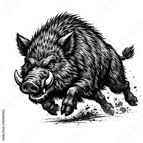 Dynamic Black and White Engraving of a Ferocious, Charging Wild Boar with Prominent Tusks and Bristling Hair, Capturing Raw Power and Aggression in a Detailed Vintage-Inspired Wildlife Illustration, I