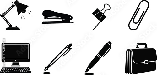 Collection of eight modern fashion and apparel icons, black vector silhouettes of evening dress, business suit, hoodie, trench coat, and accessories isolated on white.