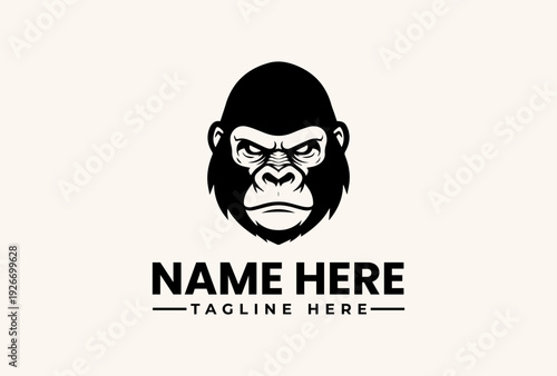 A black and white logo featuring a gorilla's head with a serious expression and placeholder text on a plain background.