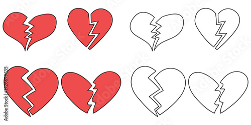 Hand-drawn cartoon and doodle set of broken hearts on a white background.