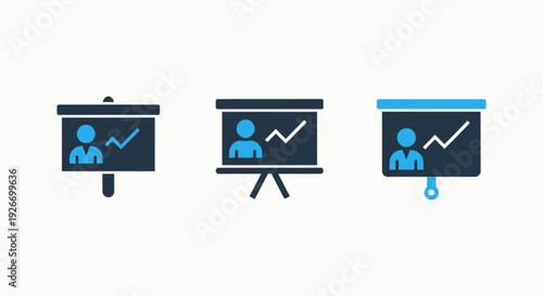 Business presentation icons: flip chart, whiteboard, and projector screen for sales and training