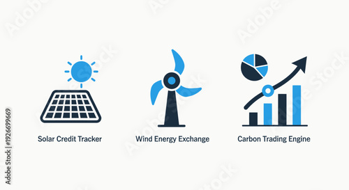 Renewable energy and finance icons: solar credit tracker, wind energy exchange, and carbon trading engine