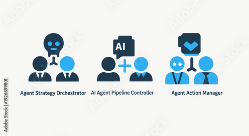 Artificial Intelligence Agent Management Icons: Strategy Orchestrator, Pipeline Controller, and Action Manager for AI Systems