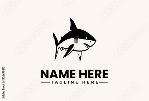 Black and white shark logo with a placeholder name and tagline on a beige background