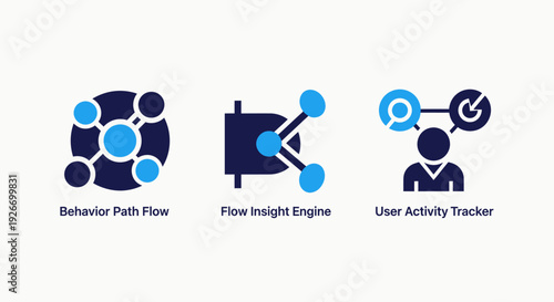 Behavior Path Flow, Flow Insight Engine, and User Activity Tracker Icons for Data Analytics and Digital Intelligence