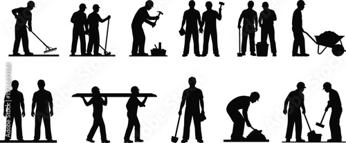 Large collection of construction worker silhouettes in various labor poses including digging lifting carrying and using tools on white background