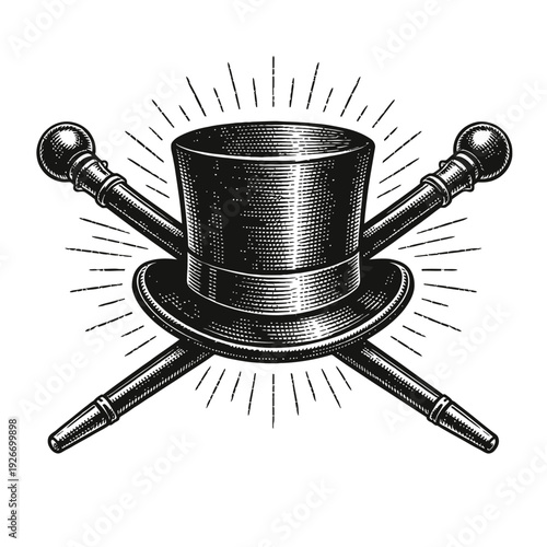 Vintage engraved top hat and crossed walking sticks emblem illustration, featuring a classic black and white retro style with radiant lines, perfect for dapper gentleman's branding, magic themes, or a