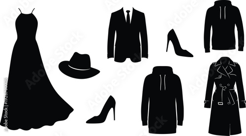 Collection of eight modern office and workspace icons, black vector symbols of desktop computer, coffee mug, magnifying glass, briefcase, and stationery isolated on white.