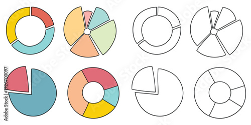 Hand-drawn cartoon and doodle set of pie charts on a white background.