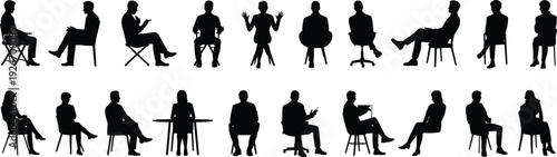 Large collection of diverse people silhouettes sitting in various chairs and office seats isolated on a white background for design