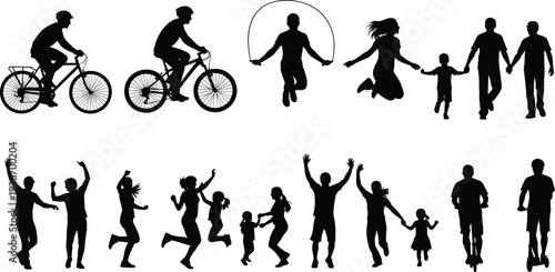 Large collection of family silhouettes engaging in outdoor activities including cycling jumping rope skipping running and riding scooters on white background