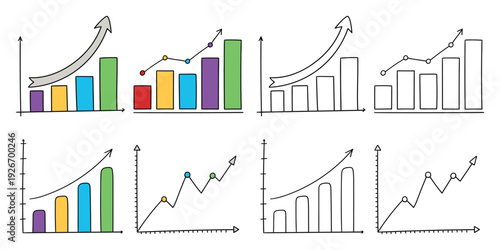 Hand-drawn cartoon and doodle set of growing graphs on a white background.