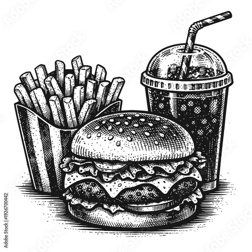Vintage engraving of classic fast food: double cheeseburger, crispy french fries in striped carton, fizzy soda with straw. Black and white retro illustration for menus, restaurant branding, diner deco