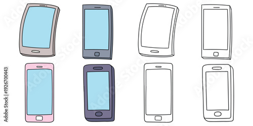 Hand-drawn cartoon and doodle set of mobile phones on a white background.