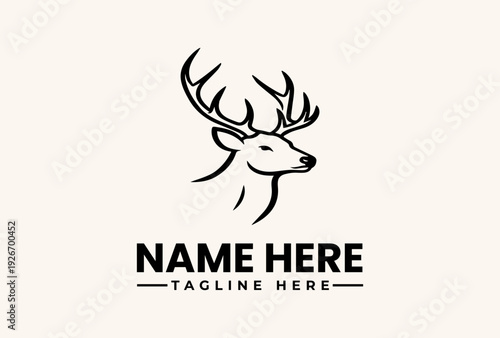 A minimalist illustration of a deer's head with antlers, accompanied by placeholder text for a name and tagline, set against a clean white background in a simple, iconic logo design.