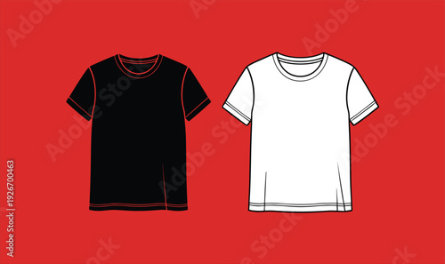 Black and white t shirt vector illustration front view casual apparel mockup template isolated on red background