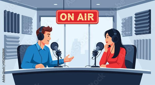 Man and woman talking into microphones in a modern radio studio with an ON AIR sign and soundproofing panels.