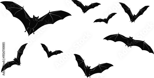 Collection of black bat silhouettes featuring various flying positions and wing spans isolated on white background for Halloween and spooky design