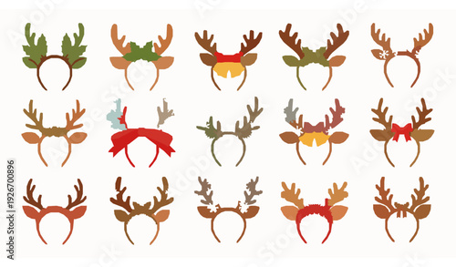 Festive Reindeer Antler Headbands Vector Set with Christmas Decorations Isolated on White Background
