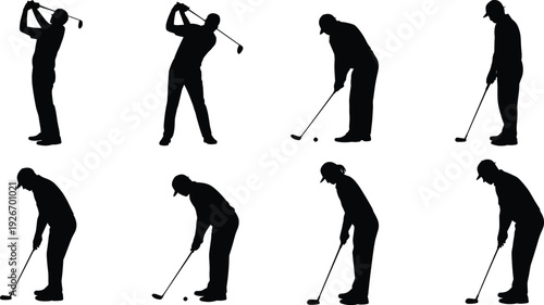 Large collection of male golfer silhouettes showing various swing poses including driving putting and follow through isolated on white background