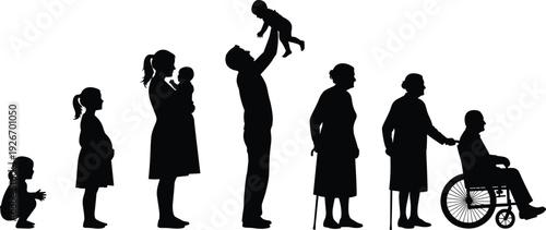 Large collection of human silhouettes showing aging process from childhood and parenthood to senior life and disability on white background
