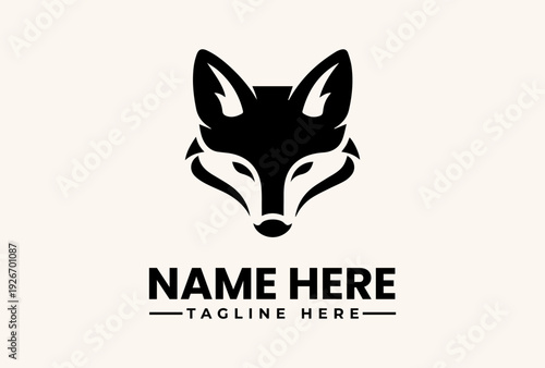 A black and white vector illustration of a fox's head logo with placeholder text on a beige background, featuring a stylized design with bold lines and geometric shapes.