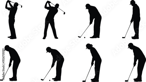 Large collection of male golfer silhouettes showing various swing poses including driving putting and follow through isolated on white background flavector