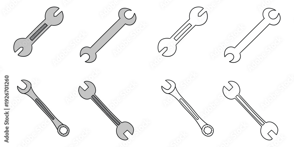 Naklejka premium Hand-drawn cartoon and doodle set of wrenches on a white background.