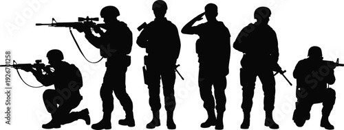 Large collection of military soldier silhouettes in various combat poses including kneeling standing saluting and aiming rifles on white background