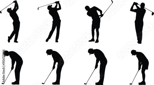 Large collection of male golfer silhouettes showing various swing poses including driving putting and follow through isolated on white background