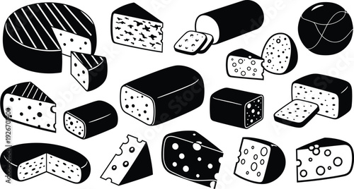 Collection of various cheese types including swiss cheddar brie and gourmet dairy products isolated on white background for food design