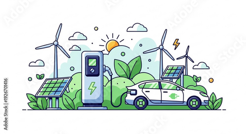 Electric car charging at renewable energy station with wind turbines and solar panels