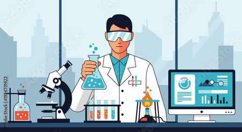 A male scientist in a lab coat and goggles holds a flask while working with equipment in a laboratory.