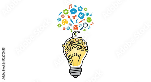 Creative idea light bulb with colorful symbols and gears representing innovation and inspiration