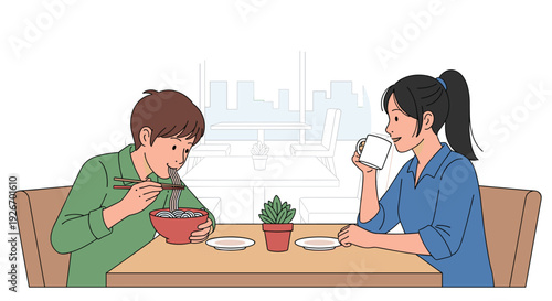 A young man eats noodles with chopsticks while a young woman sips from a mug at a restaurant table.