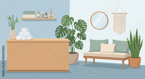 Serene minimalist spa reception area with a wooden counter and lush green plants, creating a tranquil and inviting atmosphere in a flat vector illustration style