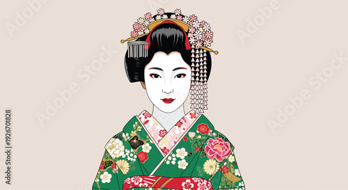 A traditional Japanese geisha woman with intricate floral hair ornaments and a green kimono gazes forward.