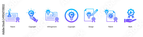 Intellectual Property Protection web banner featuring Patent, Copyright, Infringement, Design, and Mark.