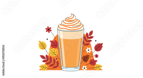 A tall glass of pumpkin spice latte with whipped cream and caramel sauce topping set against a background of autumn leaves and flowers.