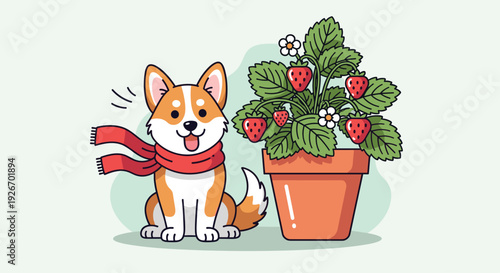 A corgi dog wearing a red scarf sits beside a potted strawberry plant with berries on a green background.