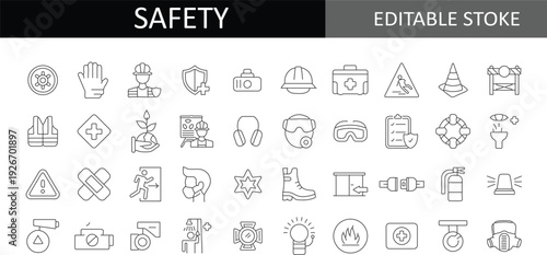 Industrial Safety and Personal Protective Equipment (PPE) Line Icon Set - Workplace Health and Safety, Construction Security, Emergency First Aid, Fire Prevention, and Occupational Hazard Warning Vect