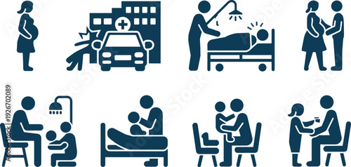 Medical and healthcare icon set, pregnancy and hospital emergency symbols, patient care in clinic, family health flat vector flavector, isolated.